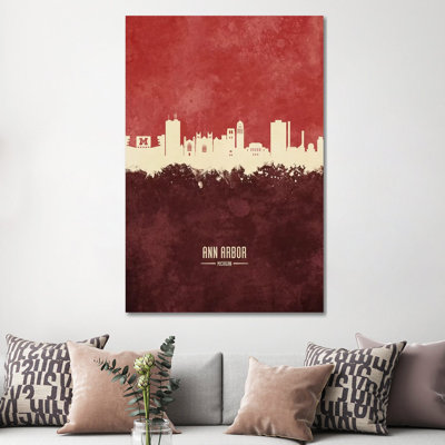 Ann Arbor Michigan Skyline Burgandy by Michael Tompsett - Wrapped Canvas Gallery-Wrapped Canvas Giclée