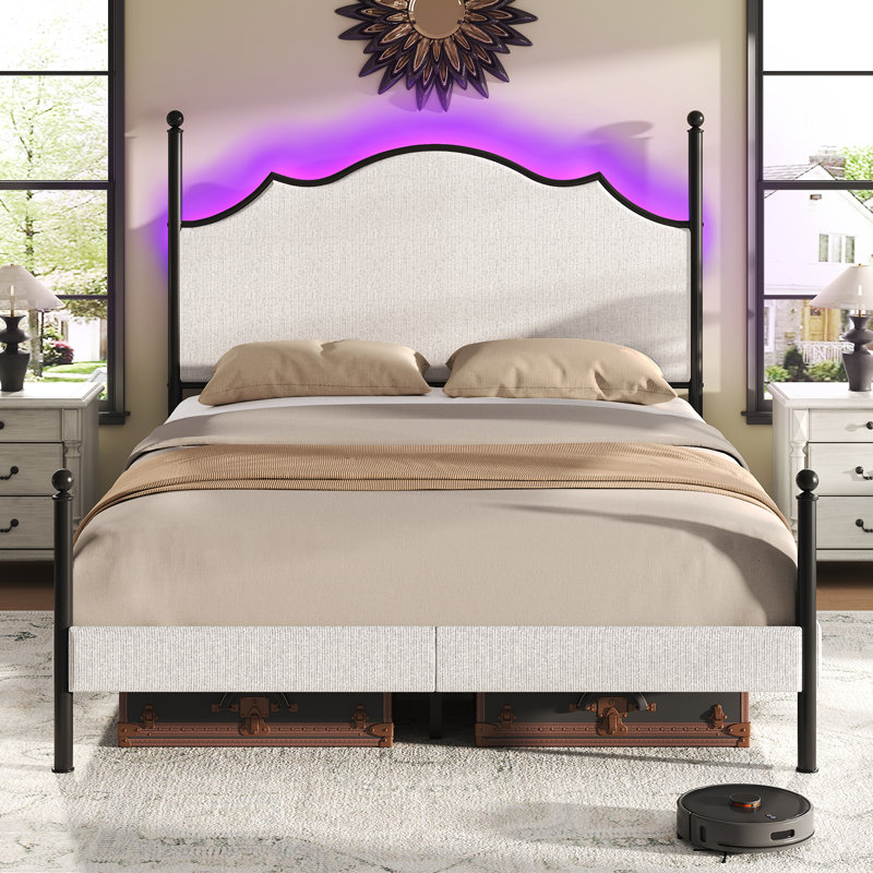 Modern Corduroy Upholstered Platform Bed with Metal Poster,LED Light & Arch Headboard, Queen, Dark Gray