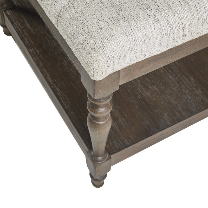 Elegant Ivory Tufted Accent Bench with Turned Legs and Shelf