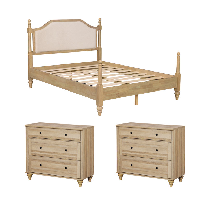 Ensemble de chambre à coucher 3 pièces, cadre de lit plateforme en bois Queen et ensemble de 2 tables de chevet, chêne