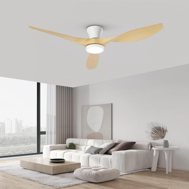 Jacara 52" Flush Mount Ceiling Fan with LED Light & Remote, White with Oak Wood Blades