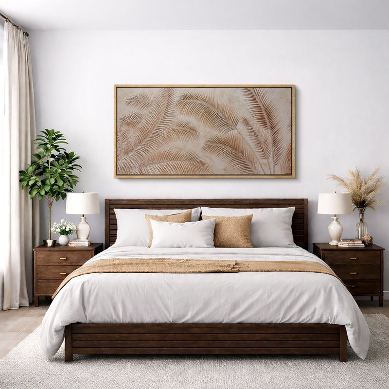«Neutral Tropical Palm Leaf Botanical», impression sur toile encadrée, H 30 po x l 60 po, Naturel
