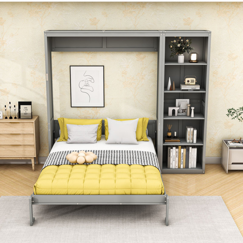 Lit escamotable en bois avec tablettes multifonctionnelles, Gris, Double