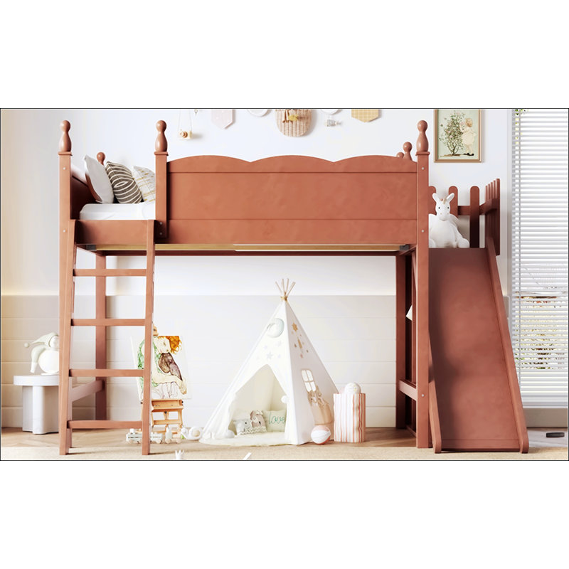 Lit mezzanine double avec tablettes de rangement et garde-robe, conception en bois massif avec glissière amovible et échelles, aucun sommier nécessaire