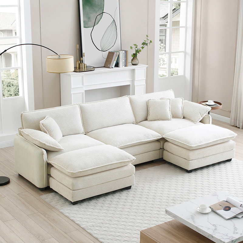 Oversized modular cushioned sofa with conversible ottoman, Beige