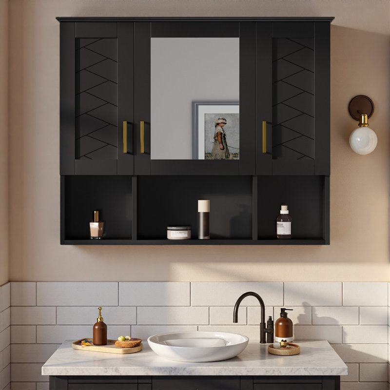 Armoire à pharmacie murale 35 po 2 en 1 avec tablettes réglables et portes à fermeture douce, miroir haute définition avec rangement