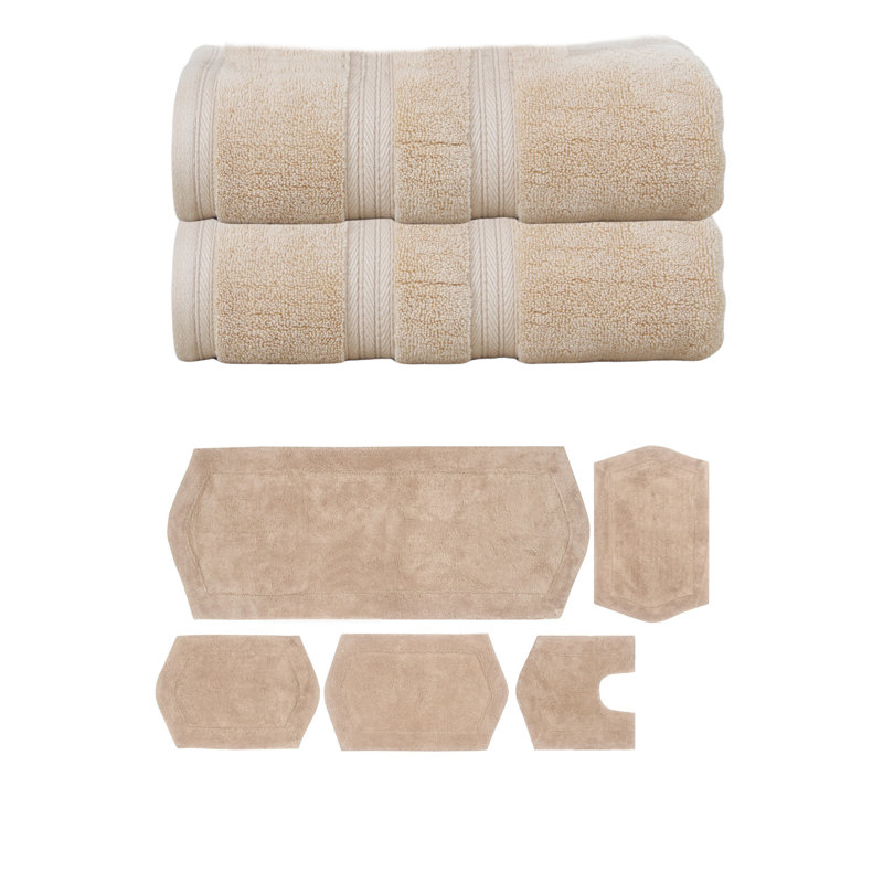 Bryd Collection 100% Soft Cotton 2 Pc Bath Towel Set & 5 Pc Bath Rug Set, (Set of 7), Linen