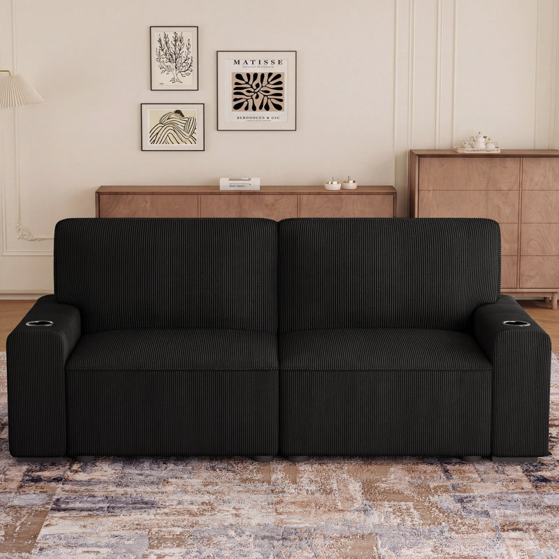 Modern 220CM 3-Seater Corduroy Sofa With Ultra-Wide Square Armrests, Cup Holders and Storage Pockets, Black