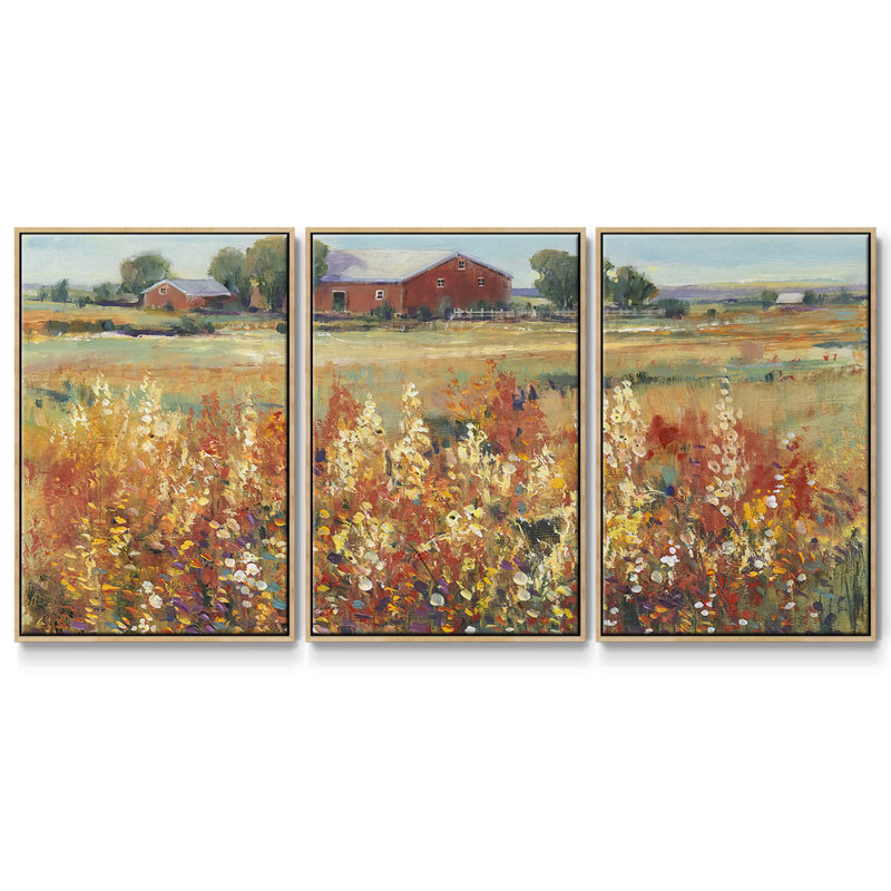 «Country View II», peinture sur toile 3 pièces, H 36 po x l 75 po, Encadré naturel
