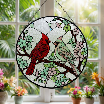 12"H Cardinal Blossom Stained Glass Window Panel