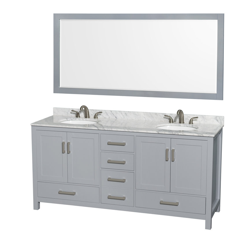 Sheffield 72" Double Bathroom Vanity Set with Mirror, White Carrara Marble, Gray, 8" Widespread