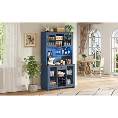 70.9" Navy Blue Kitchen Storage With Adjustable Shelves, Wine Rack, Stemware And Led For Dining Food Pantry Doors, Ports
