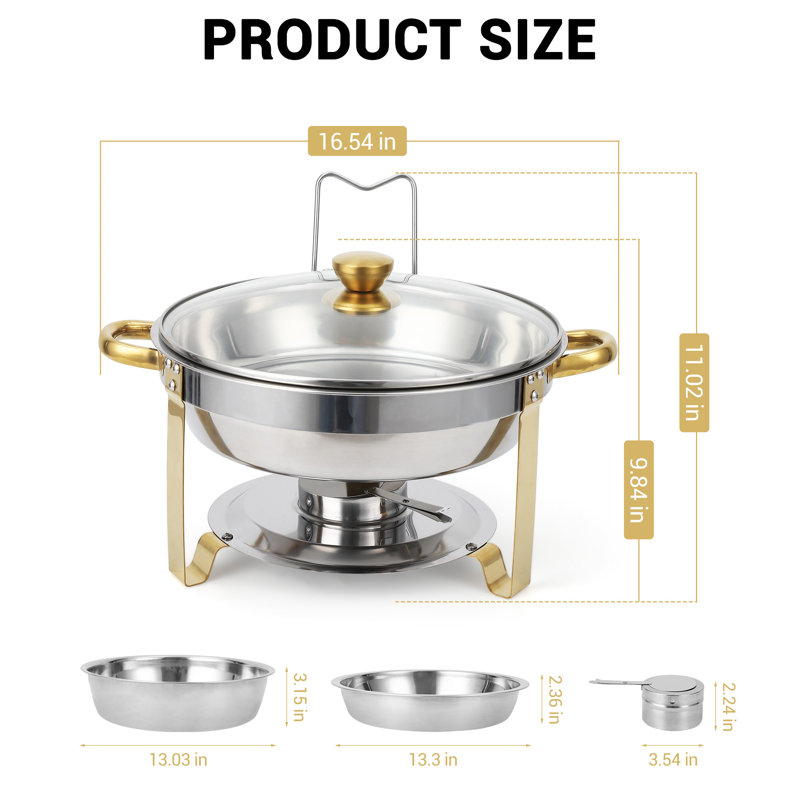 Elegant Food Warming Solution - Ensemble de 4 réchauds à vaisselle ronds en acier inoxydable 5 pte avec bord doré, couvercles et supports en verre visible - Serveurs de buffet parfaits pour les fêtes, les mariages et l'or