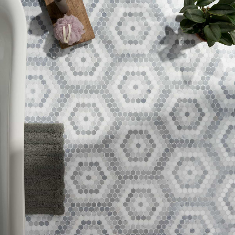 Juno Honeycomb 1" Hexagon Polished Marble Mosaic Tile, Gray/White