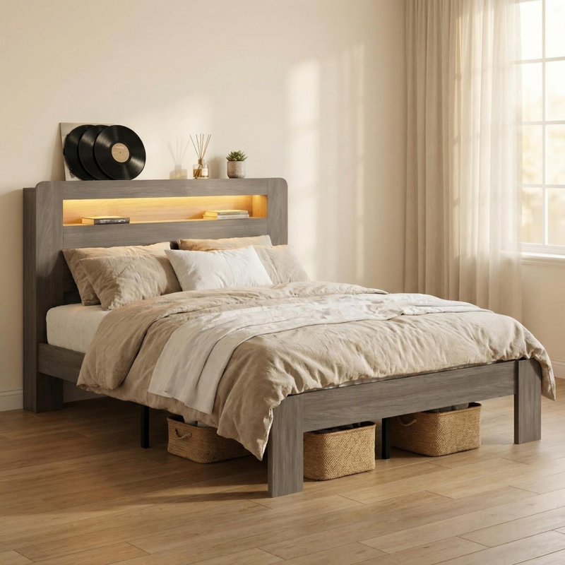 Structure de lit plateforme en bois pour grand lit avec tête de lit à DEL, 2 ports de chargement USB, grand rangement sous le lit, silencieux, aucun sommier requis, assemblage facile avec tous les outils inclus, gris foncé