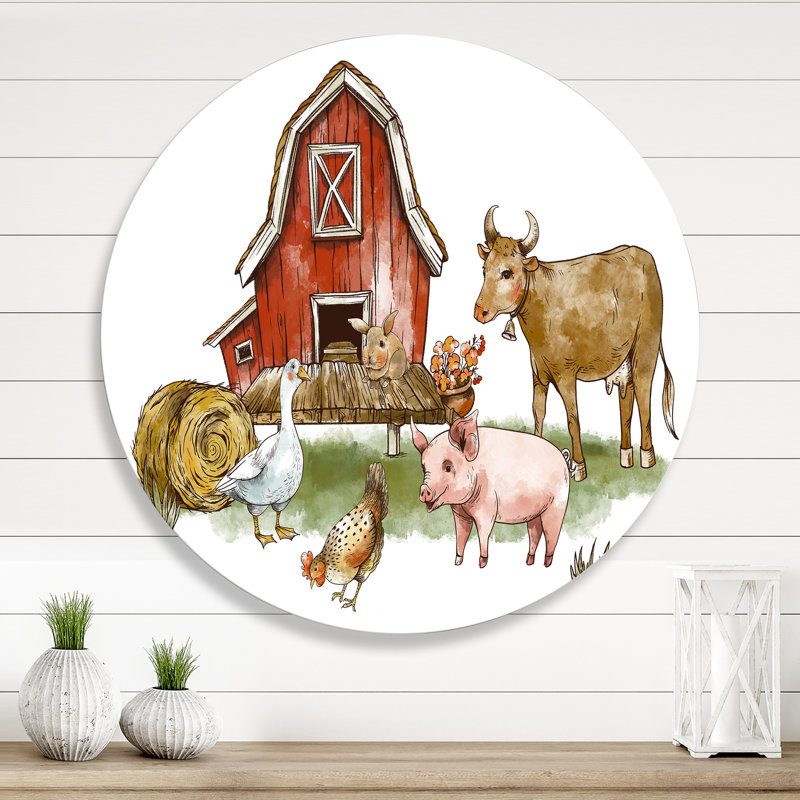Ferme avec cochon de vache oie et botte de foin - Cercle rustique en métal, art mural, H 11 po x l 11 po x p 1 po