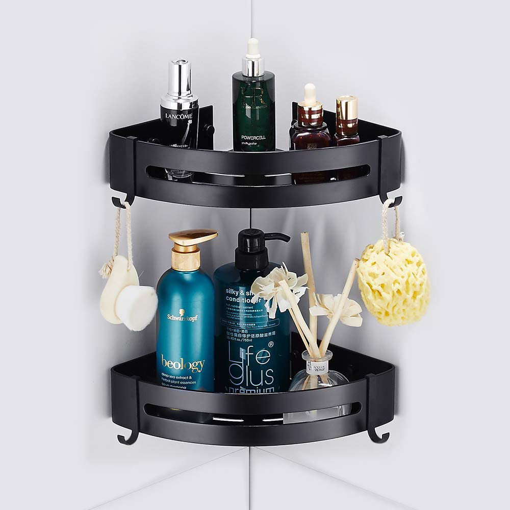 Shower Shelf, Shower Caddy With Towel Rack And Hooks, Wall Mounted Shelves,  No Drilling, Self-Adhesive, Aluminum, Black Matte Finish, For Bathroom And