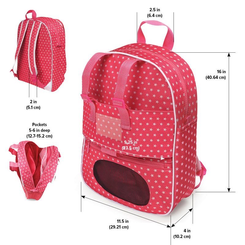Doll Travel Backpack With Plush Friend Compartment - Pink/Star