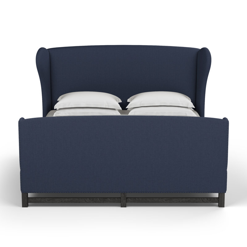 Herbert Upholstered Wingback Bed, Full, Box Weave Linen Blue Print, Ebony