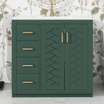 Meuble-lavabo 36 po avec lavabo en céramique, armoire de rangement moderne à 3 tiroirs et 2 portes, meuble-lavabo autoportant, fermeture en douceur, structure en bois massif