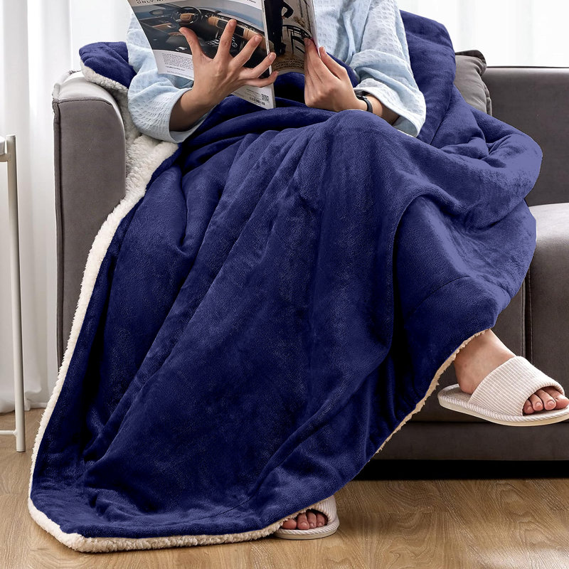 Sherpa Throw Blanket, 130cm W x 150cm L, Navy