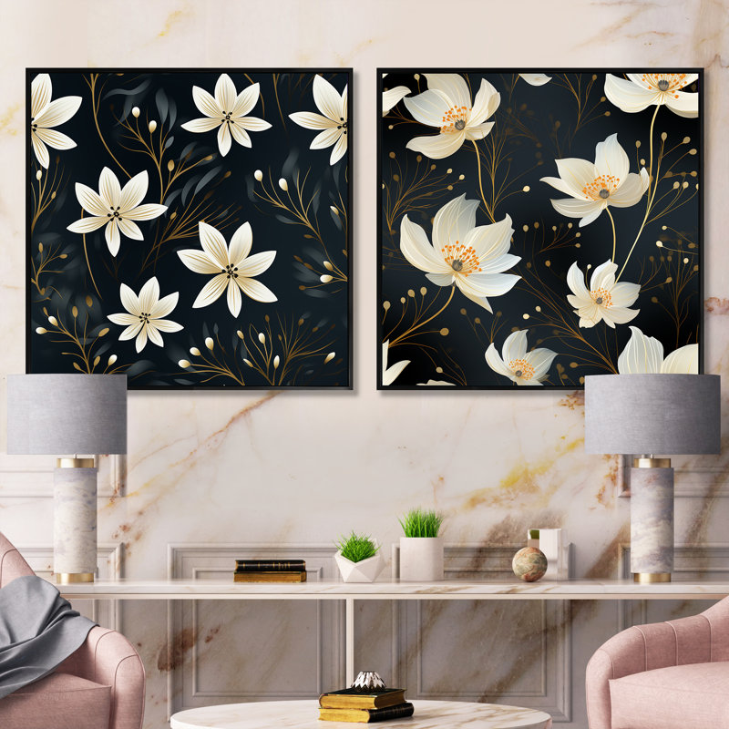 Rosalie - Ensemble de 2 collages carrés botaniques abstraits, Cadre flottant noir, H 16 po x l 33 po