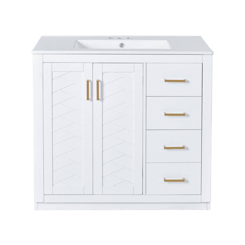 36'' Single Bathroom Vanity With Ceramic Top, White, Gold