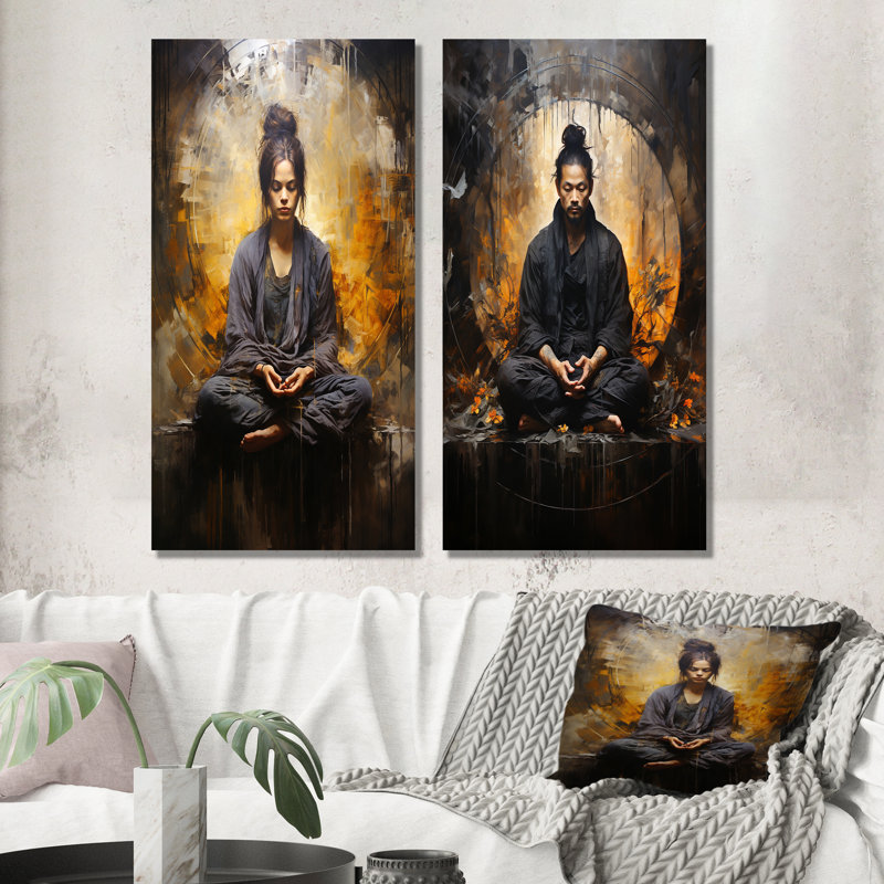 Méditation yogique noire et dorée - ensemble d'art mural en métal Yoga, H 28 po x l 24 po