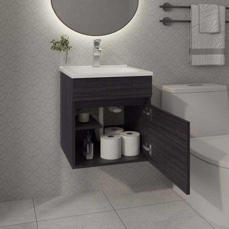 Meuble-lavabo flottant avec lavabo et 1 porte Wengue, Wengé