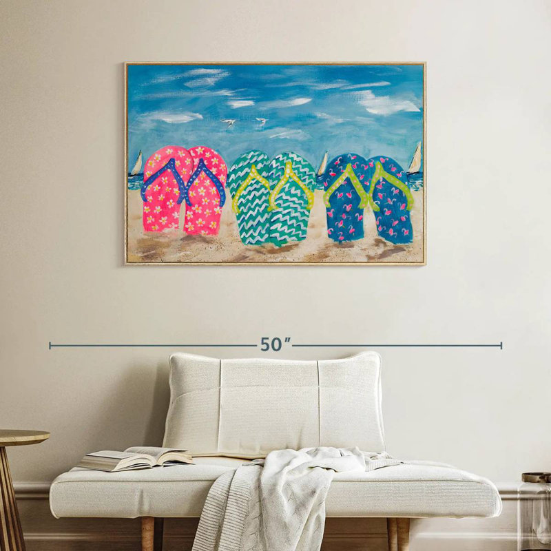 Flip Flops In The Sand, Floating Frame Natural Wood, 40" X 27"