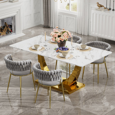 Rectangular Pedestal Dining Set with Modern Weaven Velvet Dininig Chair