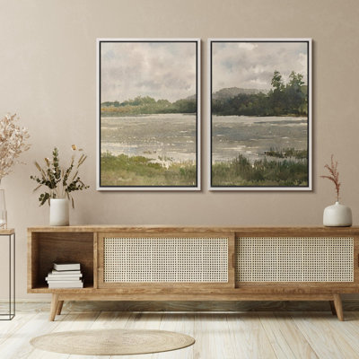 Lake River Landscape " Quiet Lakeside Morning Peaceful Nature Scene " 2 - Pieces