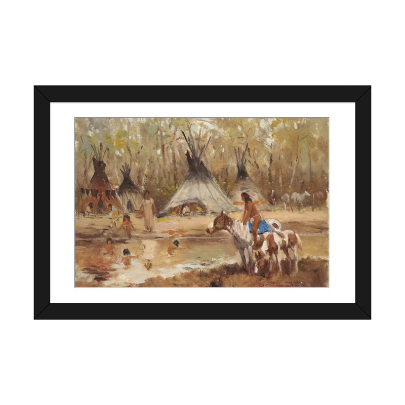 «Sioux Camp» par Ernest Chiriacka, impression sur toile tendue, Papier d'art encadré noir, H 24 po x l 32 po x P 1 po