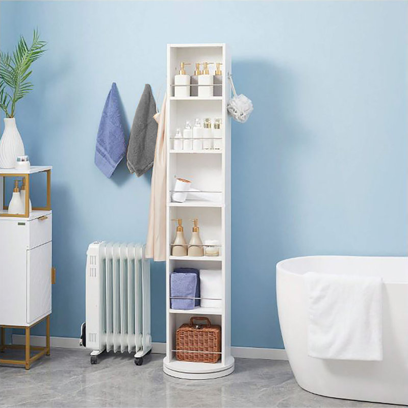 Rotating Bathroom Storage Cabinet with Full-Length Mirror, 360-Degree Swivel, White