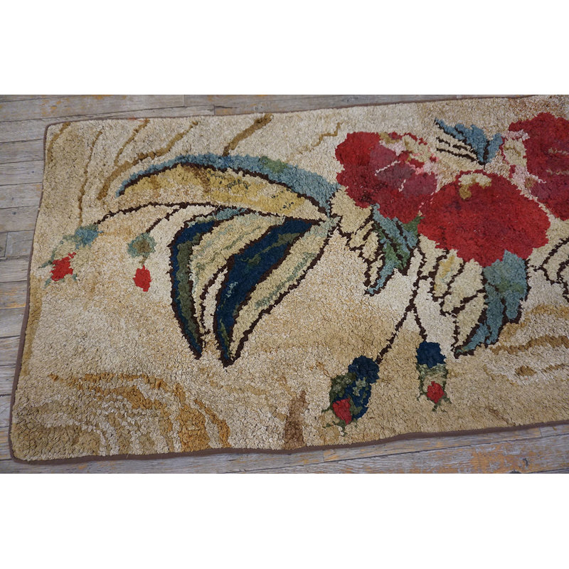 Antique American Folk Art Red Rose Pattern Hooked Rug