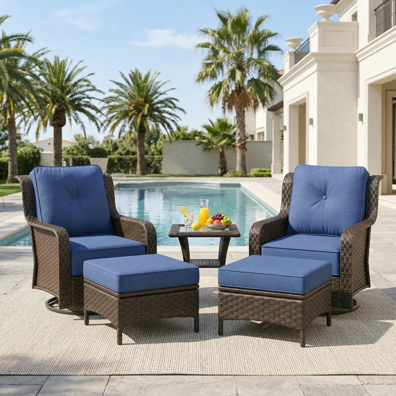 Ensemble de 2 poufs d'extérieur en résine tressée PE avec coussins amovibles, bleu marine, Marine