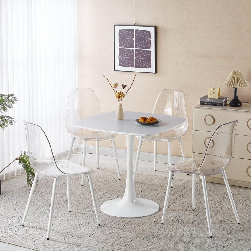 Ensemble repas Mid-Century avec plateau en panneau de fibres à densité moyenne et pieds en métal, Blanc, Transparent/blanc