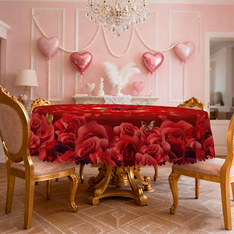 Valentine's Day Tablecloth - Red Rose & Crystal Heart Decorative Table Cover, Romantic Love-Themed Fabric Tablecloth for Valentine Dinner, Holiday Party, Kitchen Dining, Reusable Washable Tablecloth , Elegant Valentine Home Decor for Round Tables