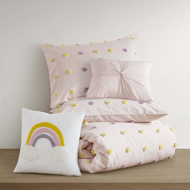 Ensembles de literie pour grand lit en coton certifié, édredon à pompons rose pour la maison