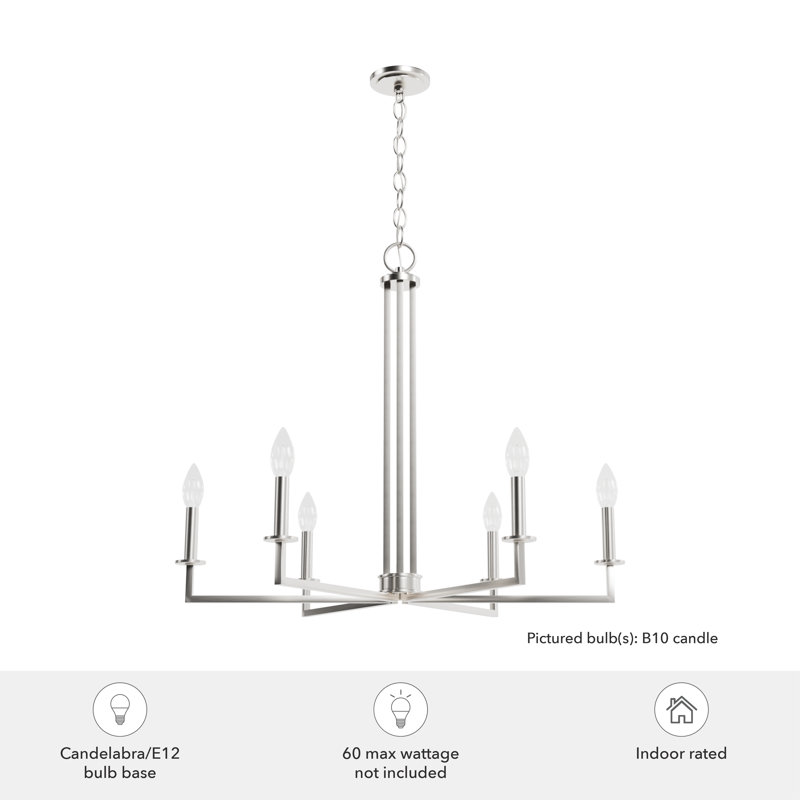 6 - Light Geometric Classic Chandelier, Brushed Nickel