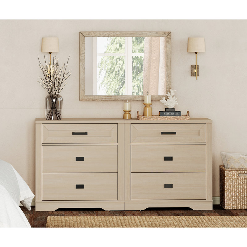 Laziza  Farmhouse 6 Drawers Dresser For Bedroom, 62 Inch 2 In 1 Double Dresser With Small Chest Of Drawers,Mid Century Modern Wooden Closet Storage Organizer For Living Room, Hallway
