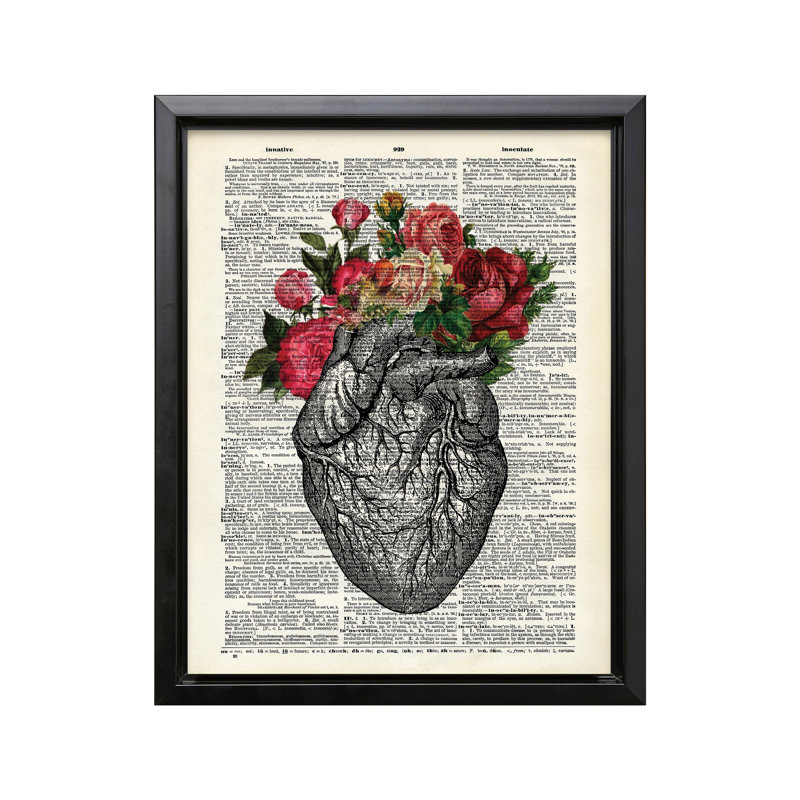 Cœur floral, Cadre noir, Canevas, H 08 po x l 10 po