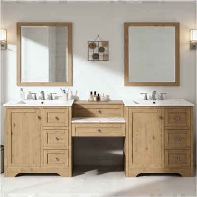Meuble-lavabo double, 2 lavabos en céramique et comptoir en pierre reconstituée, grand meuble-lavabo de rangement avec boutons en métal argenté et 6 tiroirs, conception à fermeture douce (robinet non inclus)