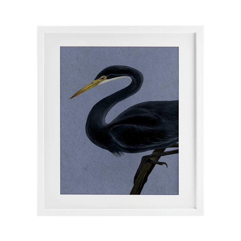 Reproduction sous verre encadrée d'un héron perché noir, design par Grace Popp, H 21 po x l 17 po, Cadre blanc côtier