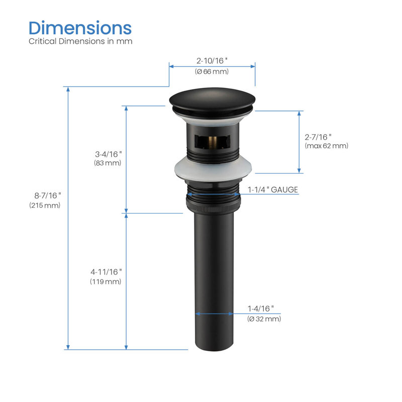 Drain escamotable de lavabo de salle de bain avec trop-plein, Noir mat