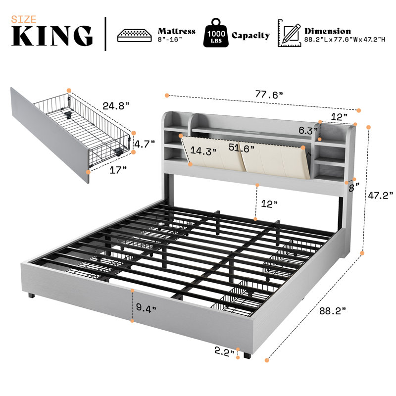 Billericay Upholstered Bed Frame With 4 Storage Drawers, Wooden Bed Frame With 47.2" Bookcase Headboard, Platform Bed With Charging Station/no Box Spring Needed,King