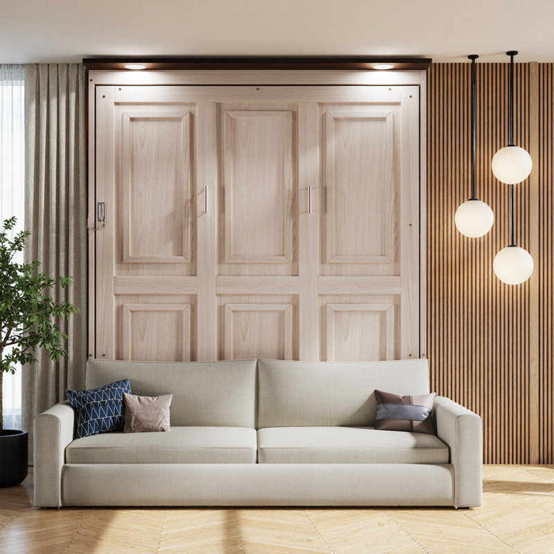 Unavere Queen Size Murphy Bed With Sofa And Led, Space Saving Foldable Design For Multi Purpose Room