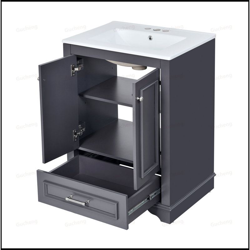 Meuble-lavabo 24 po avec lavabo en céramique et poignées argentées, Gris