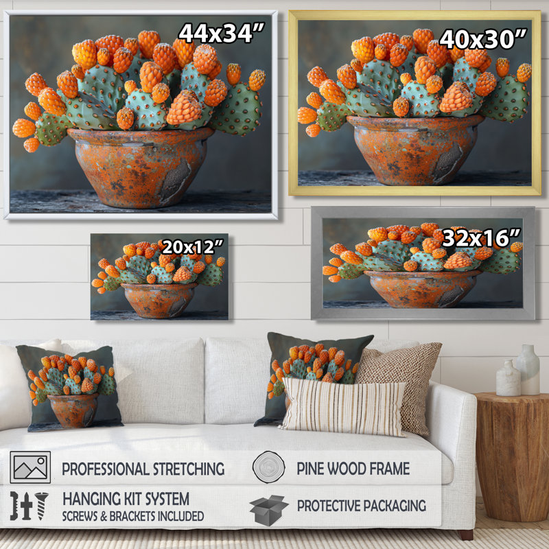 Photo monochrome orange et vert de Cactus dans un vase I - Cactus, art mural, Toile tendue, H 24 po x l 32 po