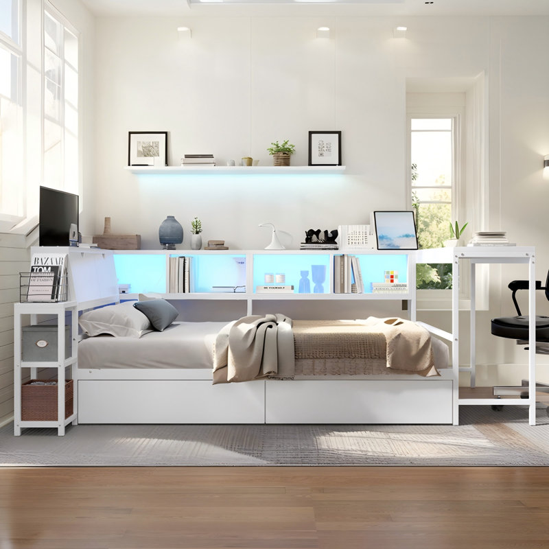 Corner Bed Frame With Bookcase And 2 Underbed Storage Drawers, Modern Reversible Daybed With Led Light And Charging Station